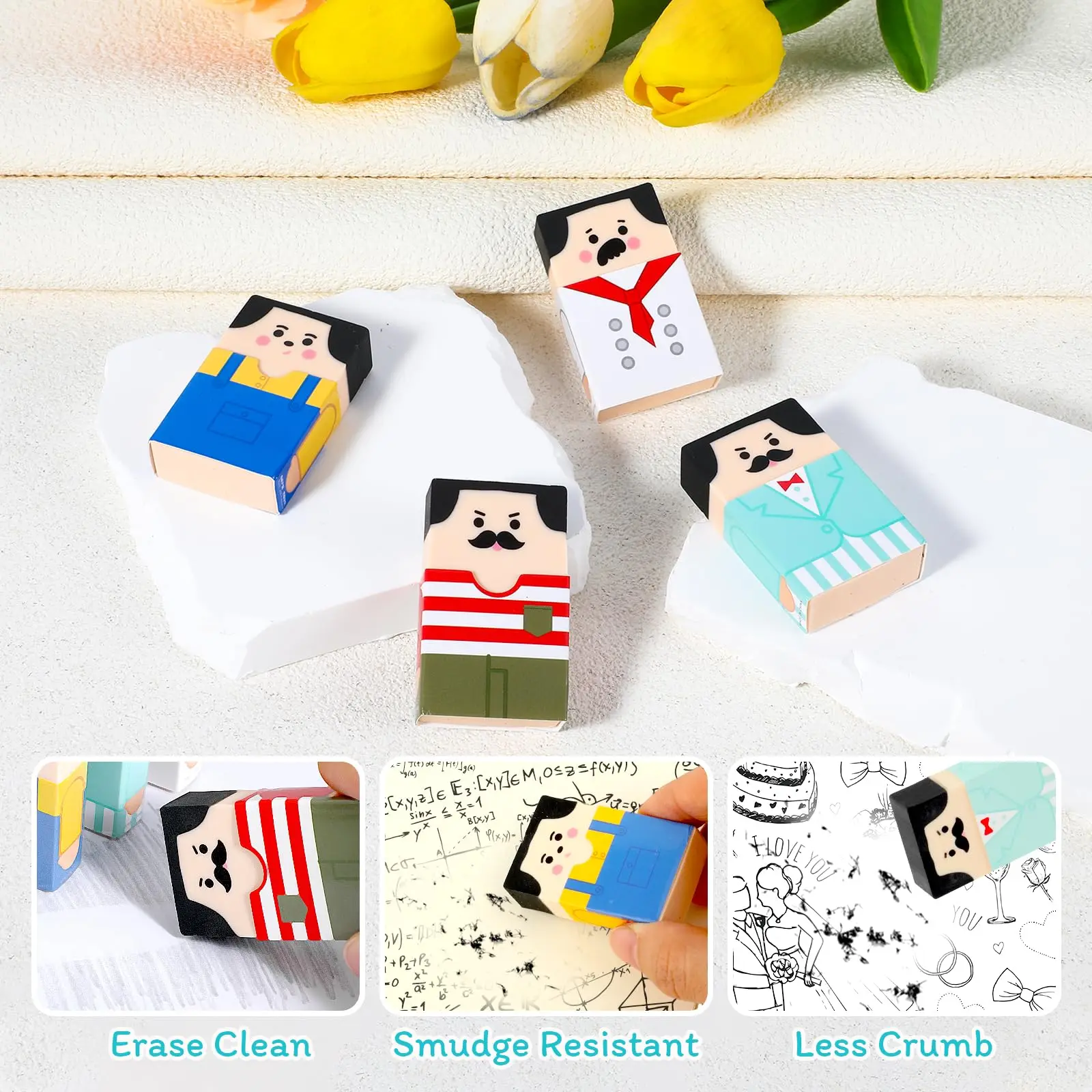 Monking 1/4Pcs Fun Balding Uncle Erasers Pencil Erasers for Kids Students Office School Supplies Art Stationary