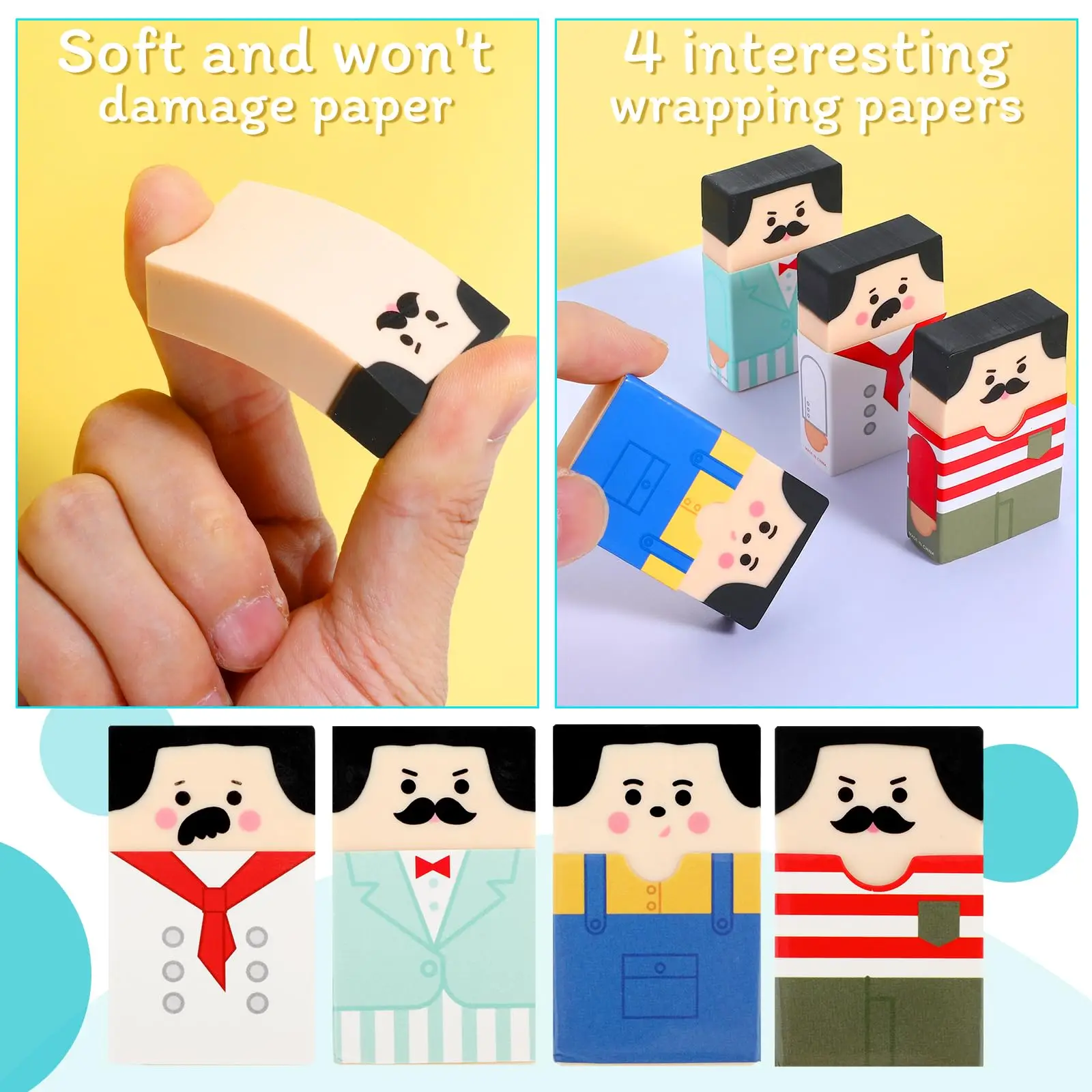 Monking 1/4Pcs Fun Balding Uncle Erasers Pencil Erasers for Kids Students Office School Supplies Art Stationary