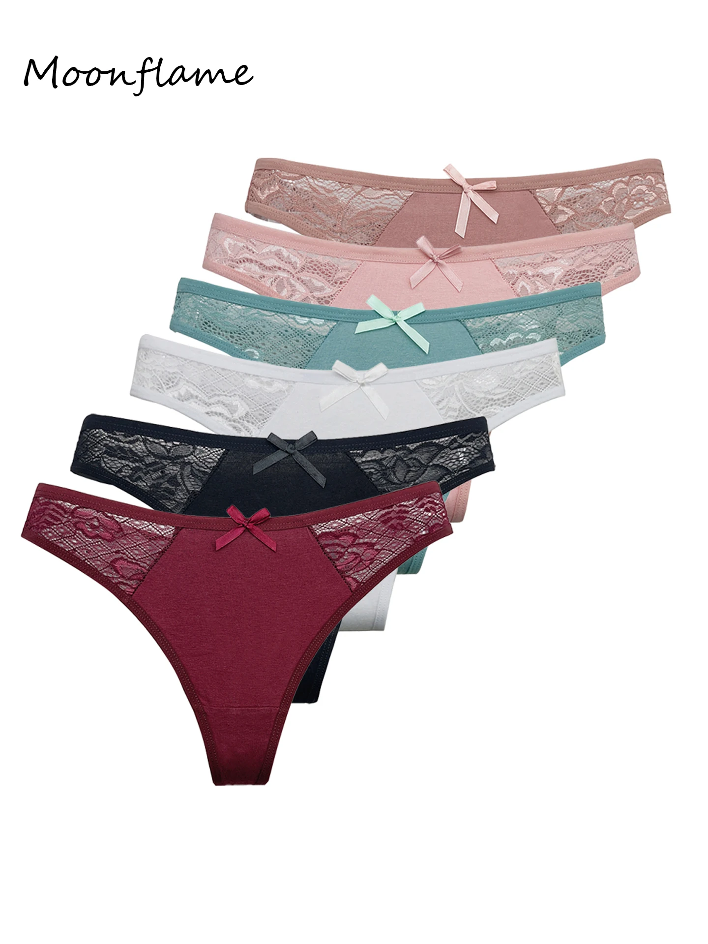 Moonflame 5Pcs Women Cotton Lace Thongs Sexy Low Waist Panties Solid Comfort Underwear Solid Breathable G-String Soft Lingerie