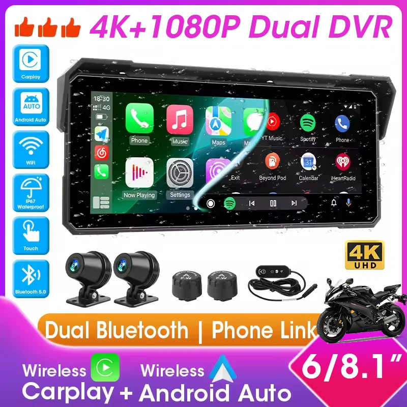 Motorcycle CarPlay & Android Auto 6/8.1 inch 4K+1080P Moto DVR GPS Navigation Waterproof Drive Recorder Bluetooth Display Screen