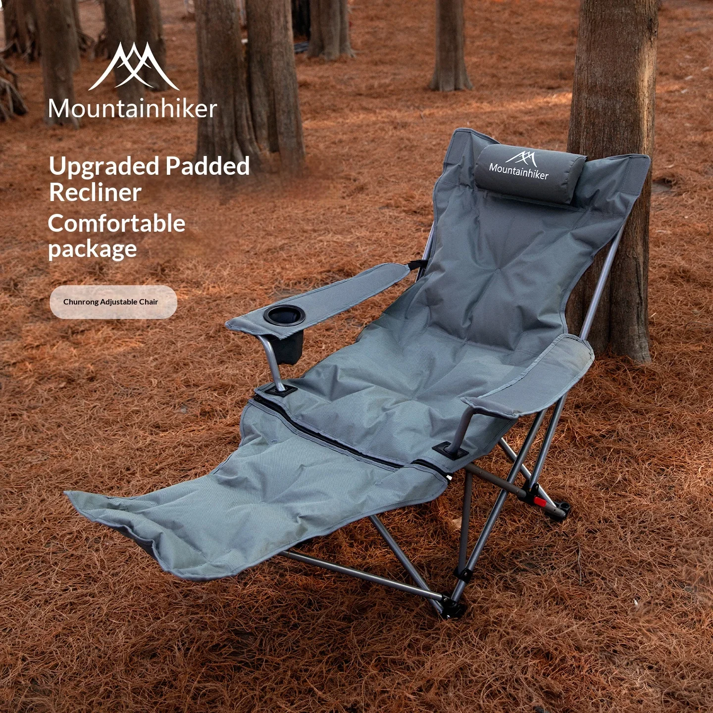 Mountainhiker A lightweight, foldable camping lounge chair with an adjustable backrest and footrest, perfect for beach use.