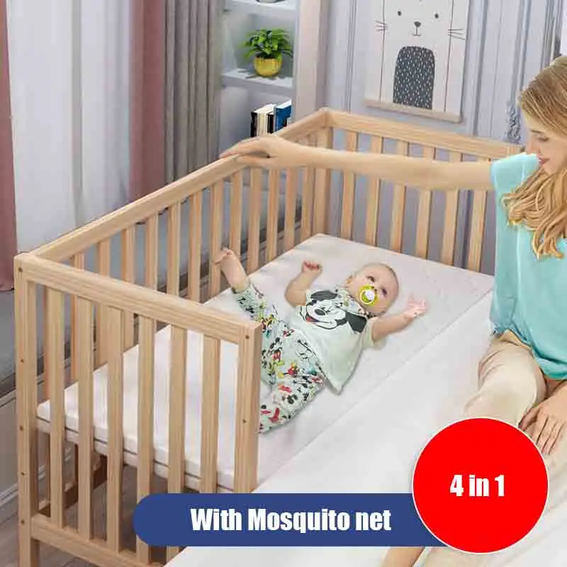 Multifunctional Baby Crib, Wood Newborn BB Cradle Cot With Bedding sets And Mosquito Net