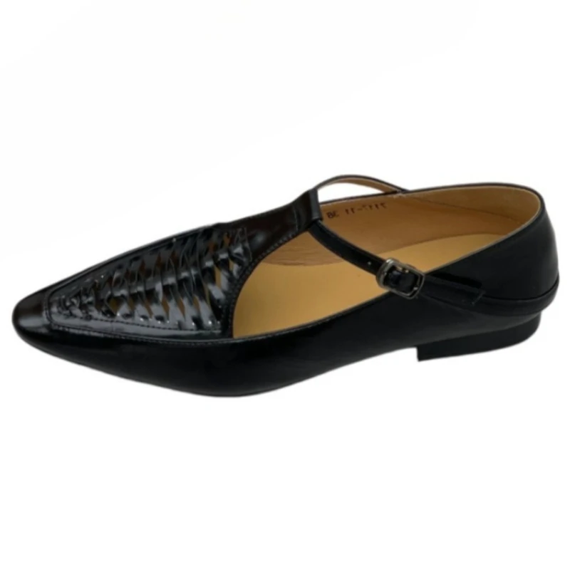 Myjyjz 2cm Weave Cow Gneuine Leather Women Summer Chunky Heels Buckle Flats Point Toe Platform Wedge Mary Jane Comfy Shoes
