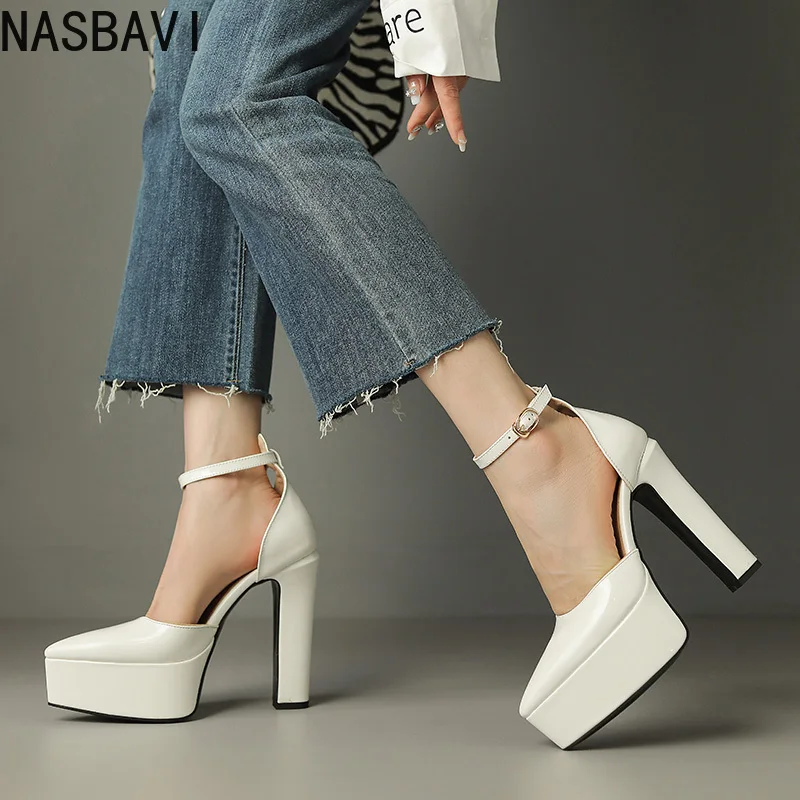 NASBAVI PU Patent Leather Green Pointed Closed Toe Women Mary Janes Pumps Spring Big Size 43 Platform Sandals Block High Heels