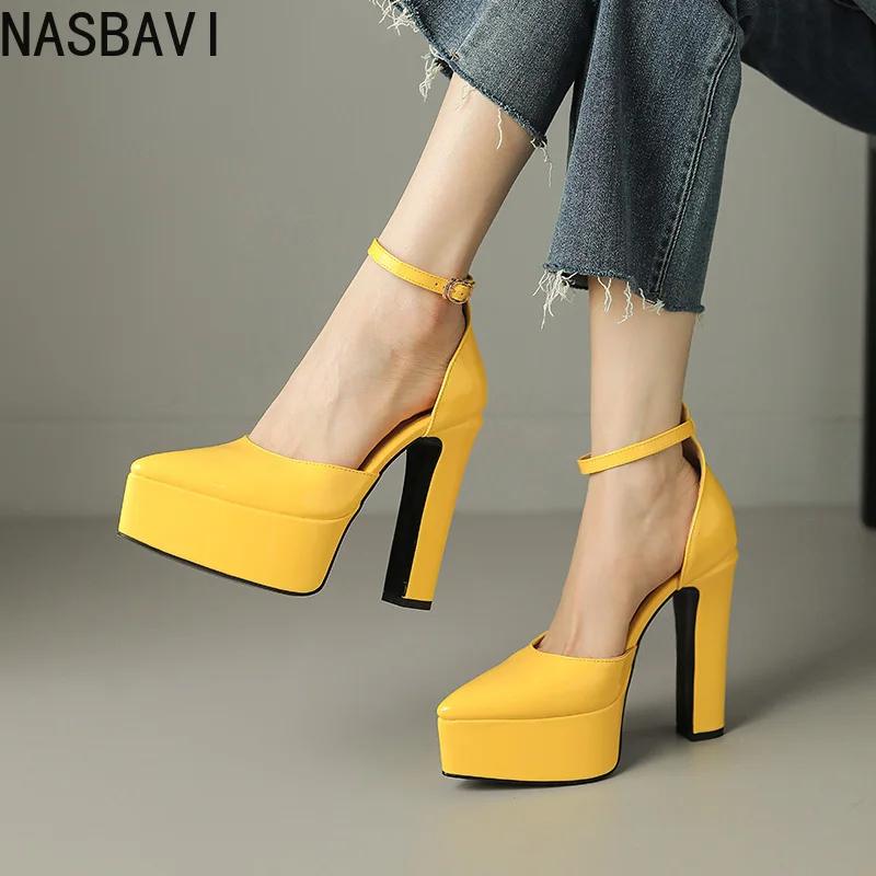 NASBAVI PU Patent Leather Green Pointed Closed Toe Women Mary Janes Pumps Spring Big Size 43 Platform Sandals Block High Heels