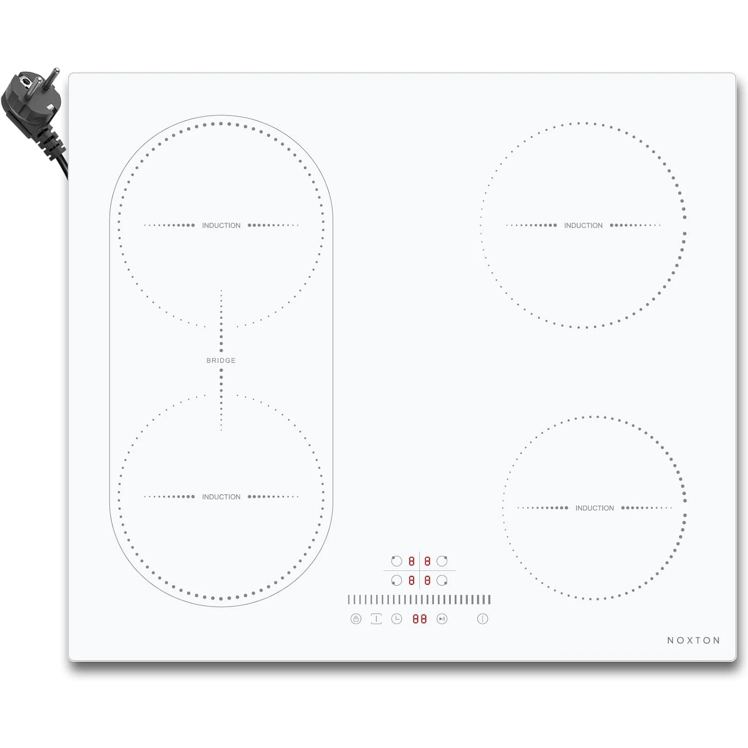 NOXTON White/Black Induction Hob Plug in, (UK:2800W/EU:3500W) 4 Zones with 1 Grill Zone, 60CM Touch, Safety Lock,Ceramic Glass