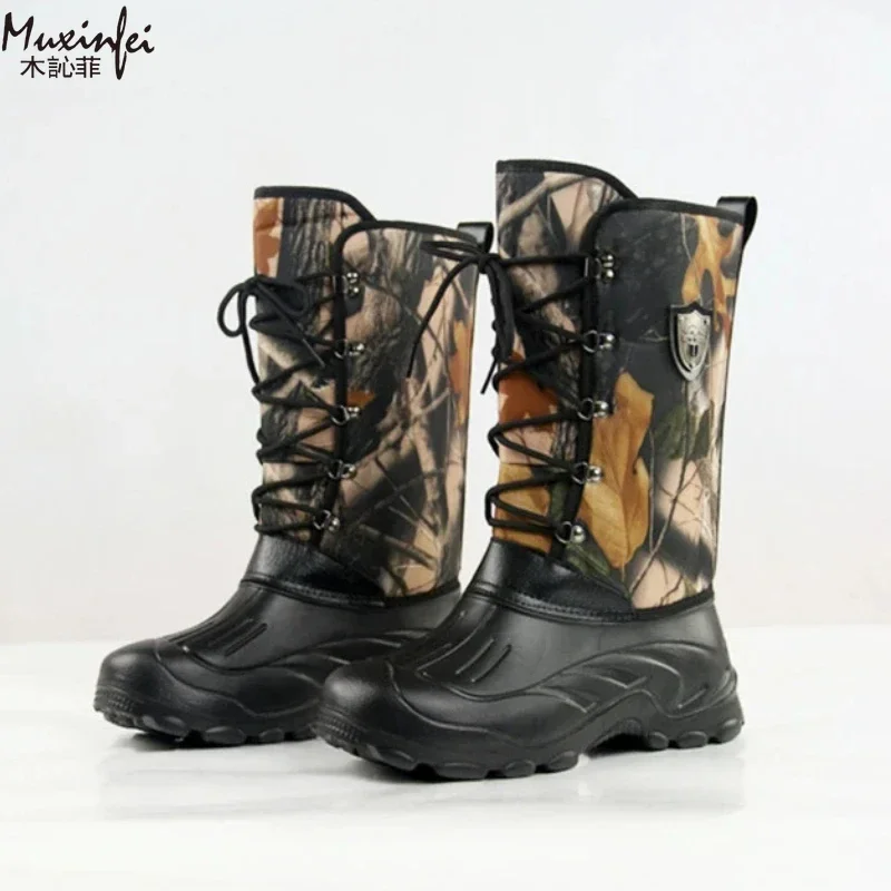 New Big Tree camouflage men's shoes, high top snow boots, waterproof fishing boots, winter plush boots