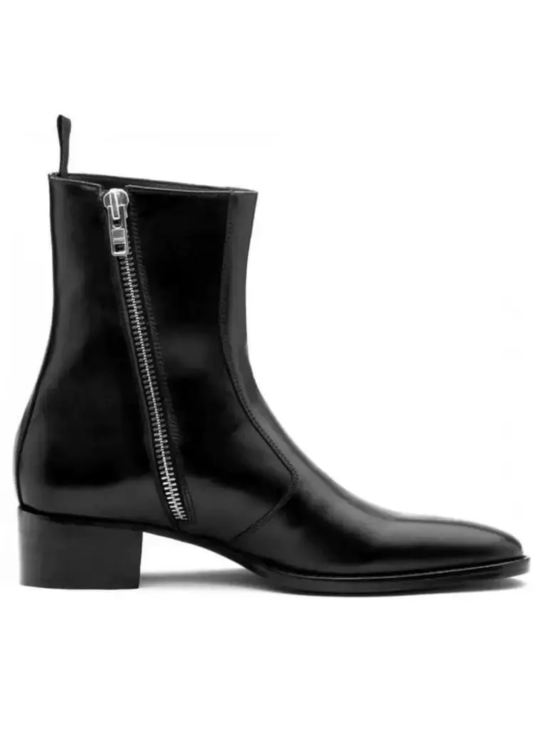 New European and American men's genuine leather black side - zipper pointed - toe fashionable high - heeled (4CM) Chelsea boots,