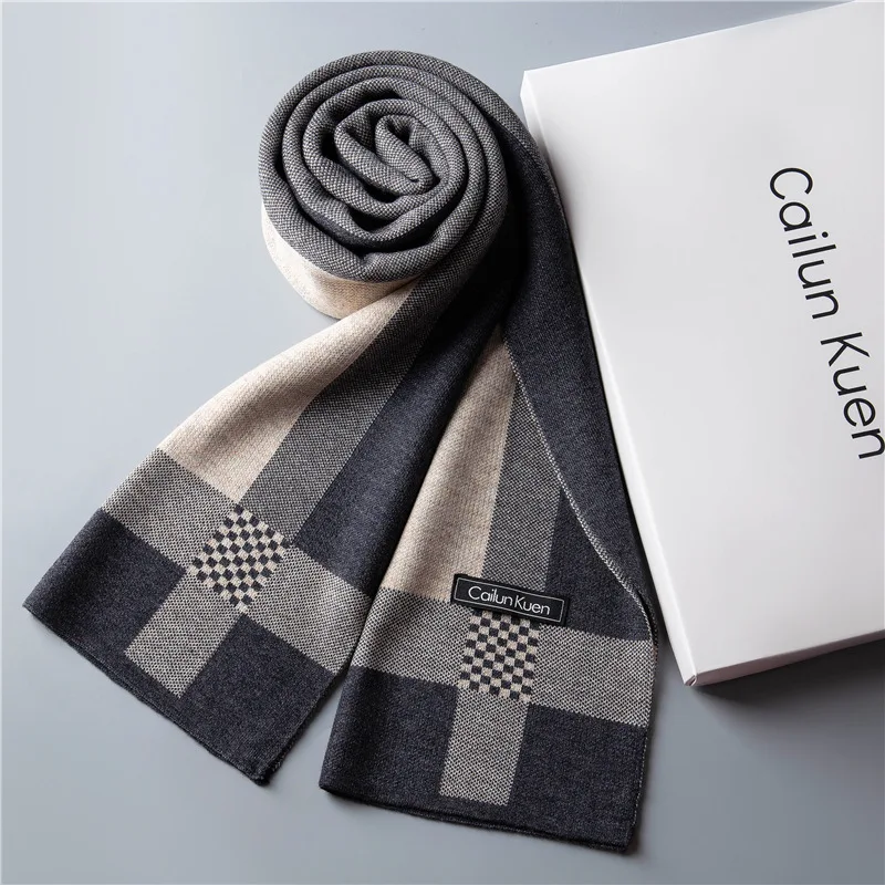 New Men's Wool Scarf Men's Knitted Korean Version Trendy Versatile Warm Plaid Long High-end Autumn and Winter OPP Bagged