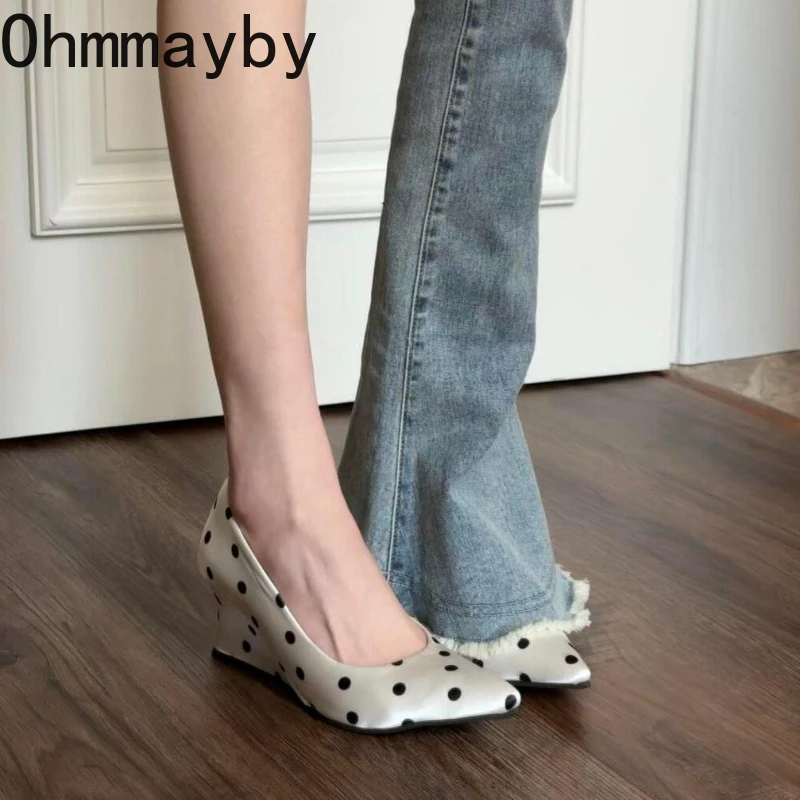 New Spring Wedges Heel Women Mary Jane Shoes Concise Shallow Slip On Shoes Ladies Elegant Pointed Toe Dress Polka Dot Pumps
