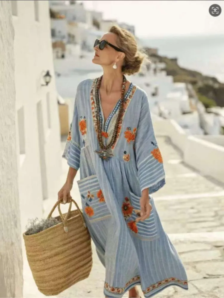 New Summer Large-size Striped Print Long Large-spoke V-neck Dress Fashionable Casual Loose Elegant Pocket Dress Females