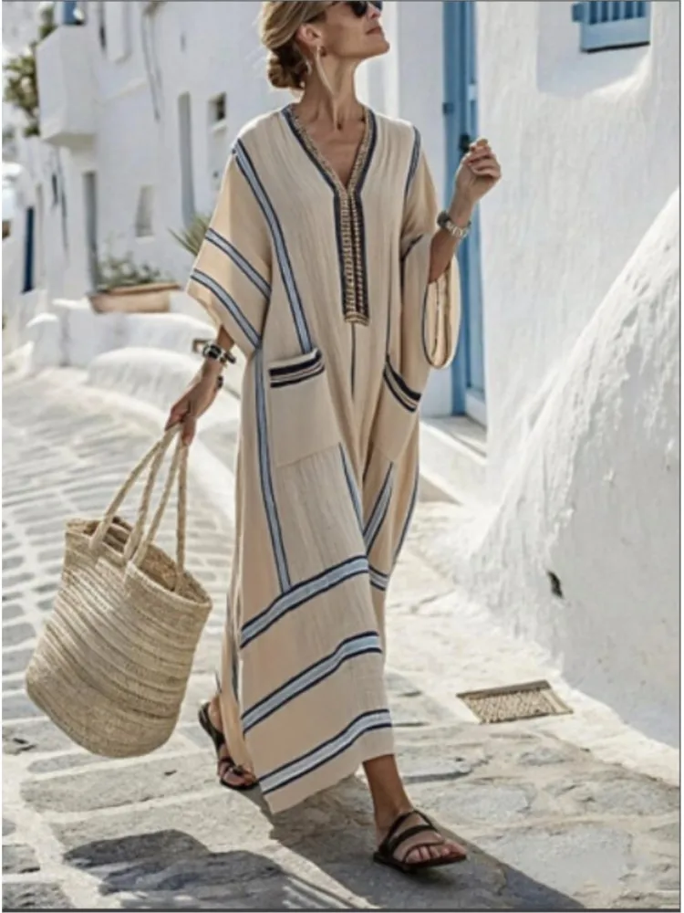 New Summer Large-size Striped Print Long Large-spoke V-neck Dress Fashionable Casual Loose Elegant Pocket Dress Females