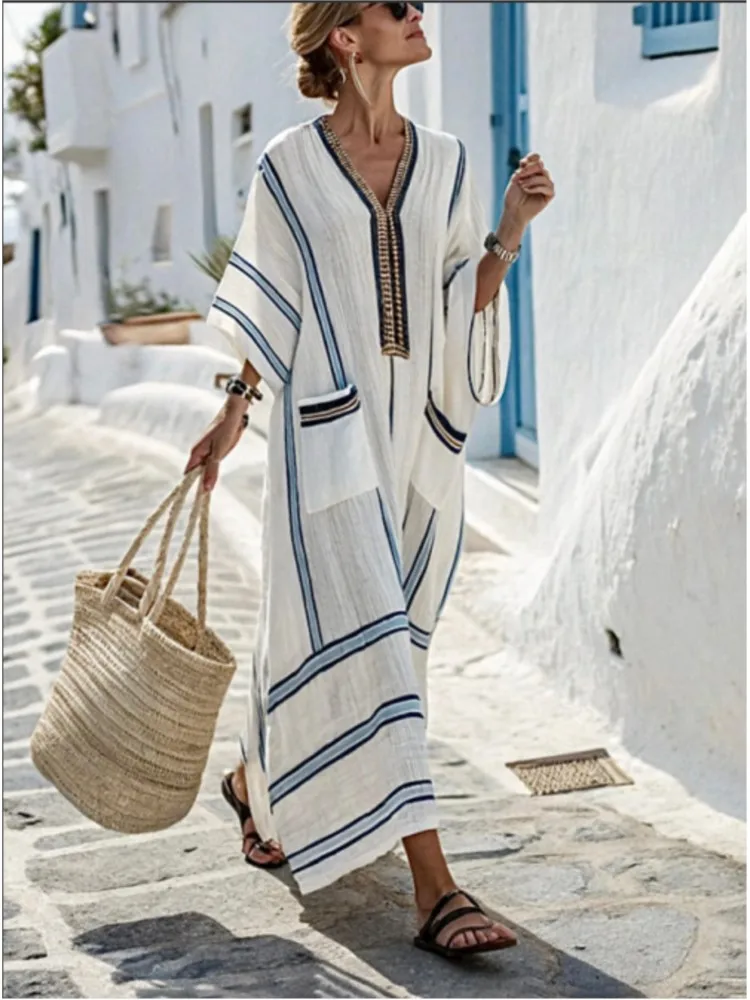 New Summer Large-size Striped Print Long Large-spoke V-neck Dress Fashionable Casual Loose Elegant Pocket Dress Females