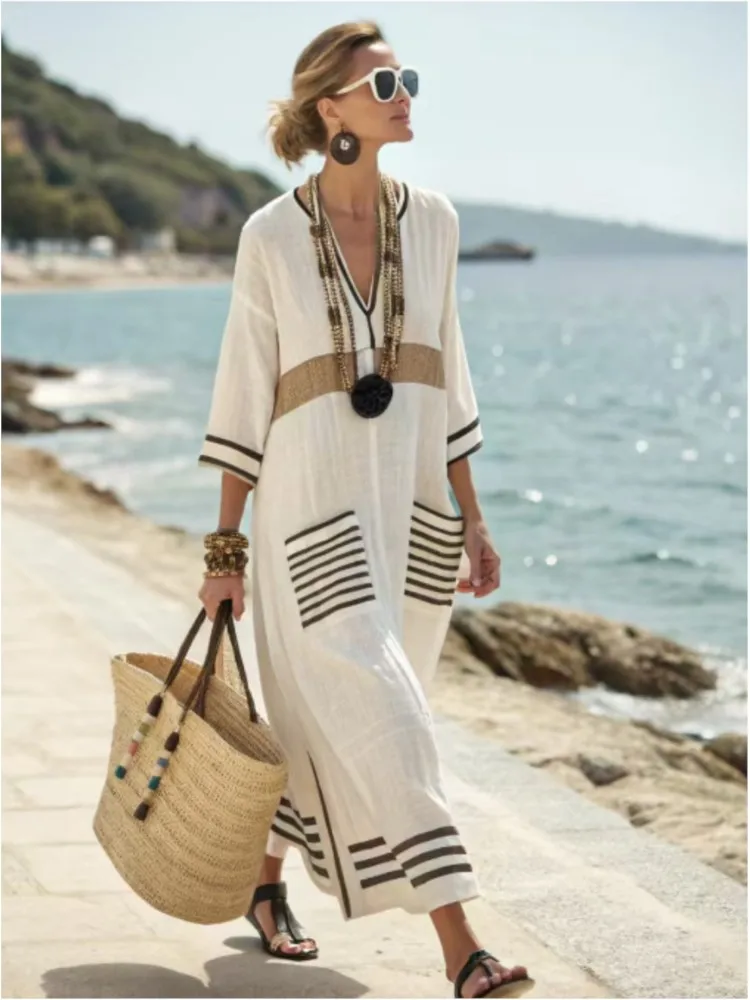 New Summer Large-size Striped Print Long Large-spoke V-neck Dress Fashionable Casual Loose Elegant Pocket Dress Females
