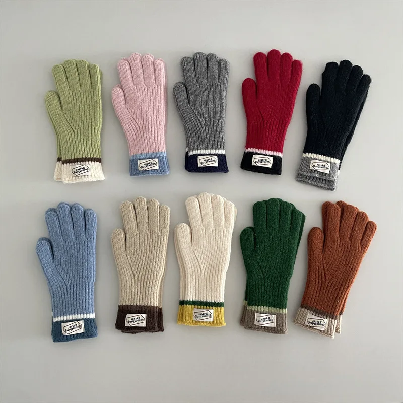 New Touchscreen Kids Gloves Winter Warm Windproof Cold Proof Five Finger Knitting Retro Korean Style Color Mix