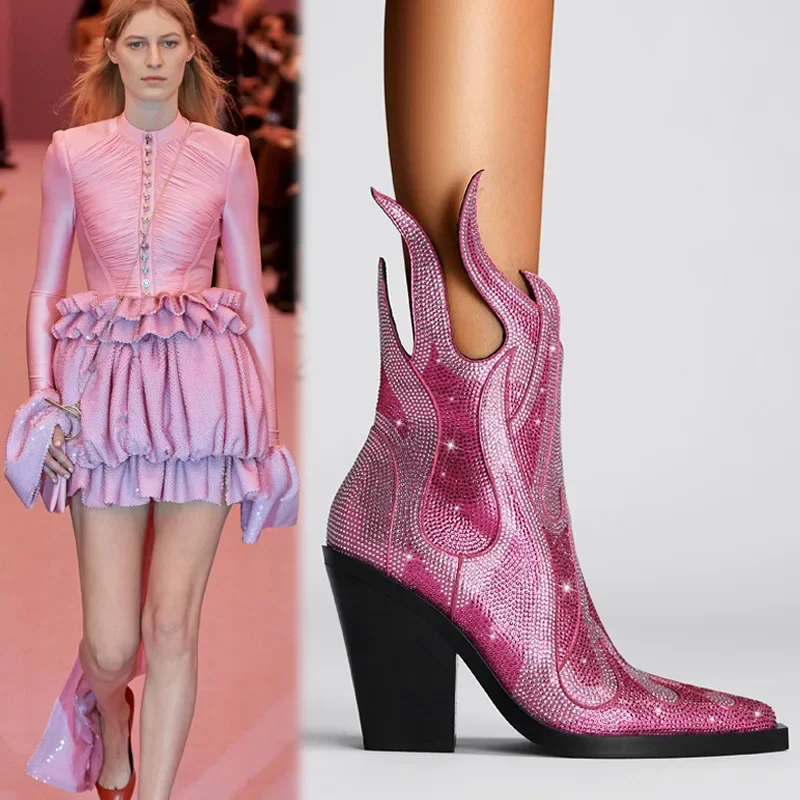 New Women's Ankle Boots Square Headed Thick Heel Water Diamond Flame Sexy Fashion Large Size Boots Side Zipper Stage Show Boots