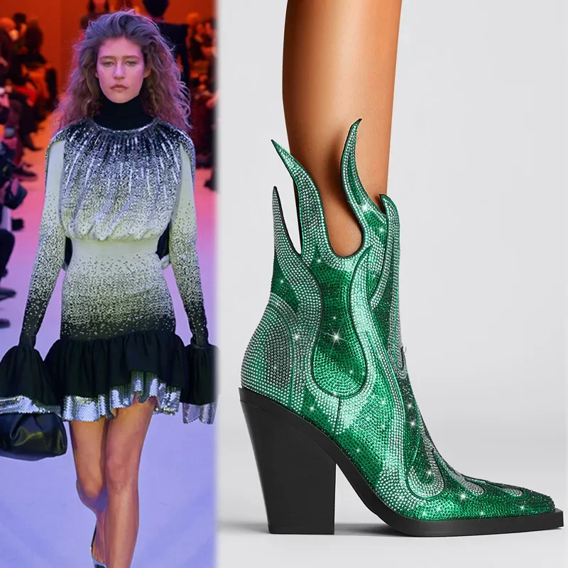 New Women's Ankle Boots Square Headed Thick Heel Water Diamond Flame Sexy Fashion Large Size Boots Side Zipper Stage Show Boots
