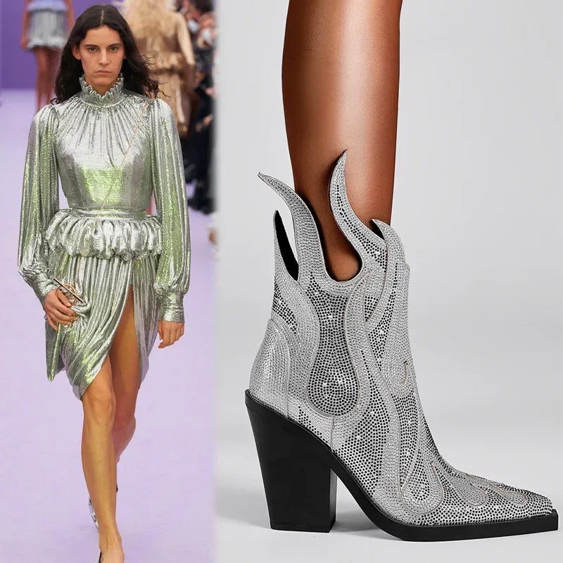 New Women's Ankle Boots Square Headed Thick Heel Water Diamond Flame Sexy Fashion Large Size Boots Side Zipper Stage Show Boots