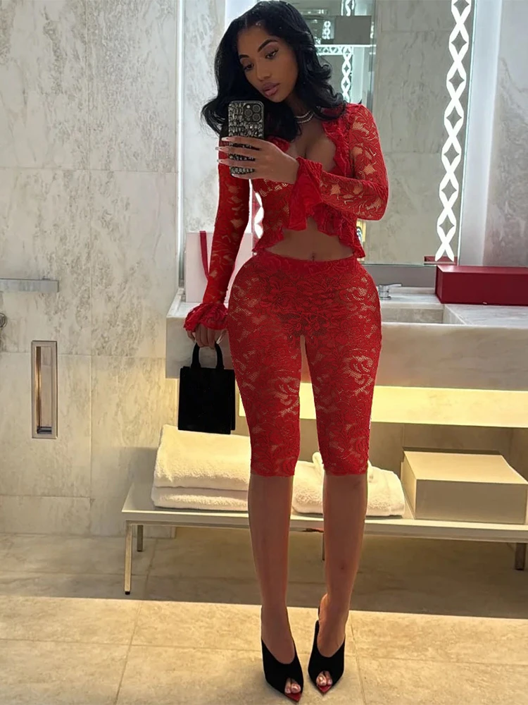 Nibber Summer Trend Jacquard Sexy Women 2 Piece Set Coquette Full Sleeve Ruffles Crop Tops+Bike Shorts Matching Clubwear Outfits