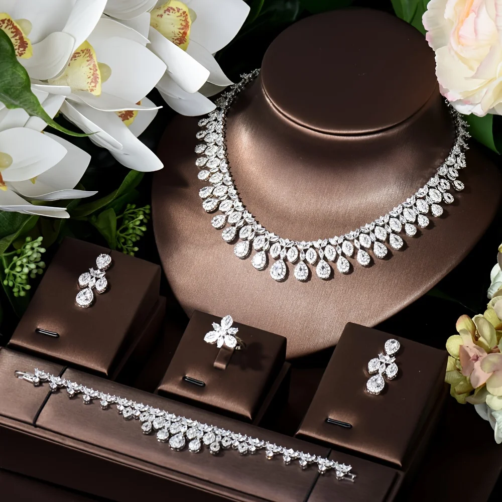 Nigeria White Gold Color Cubic Zirconia Bridal Wedding Jewelry Set Water Drop Shape 4PCS Necklace Earring Set Bijoux S-348