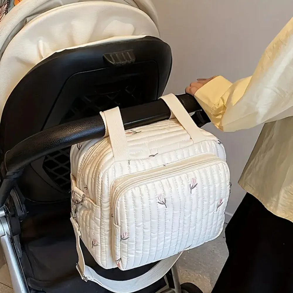 Nylon Crossbody Chic Bear & Tulip Embroidered Diaper Bag with Stroller Clip for Youngsters Travel Essentials