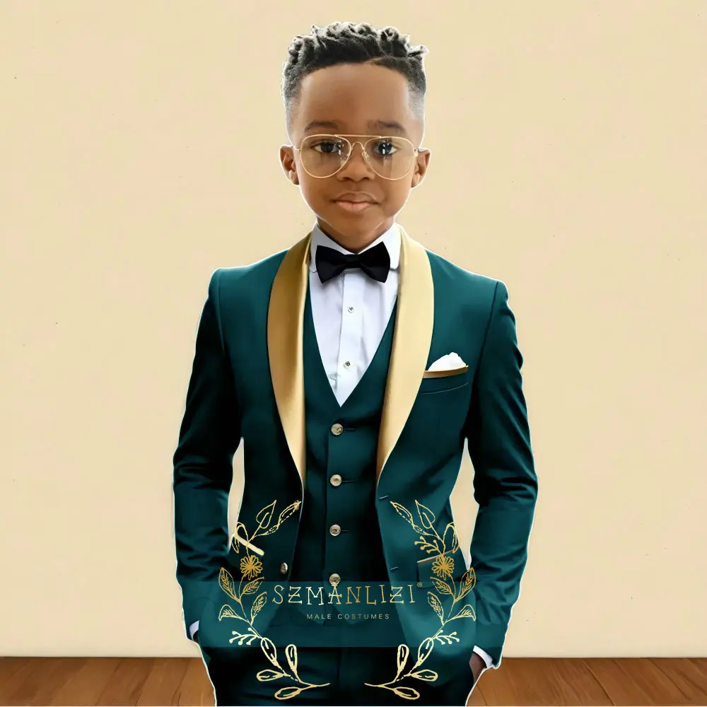 Oil Green Boys Suit 3 Pieces Wedding Tuxedo for Kids Jacket Pants Vest Gold Shawl Lapel Child 2-16 Years Old Customized Outfit