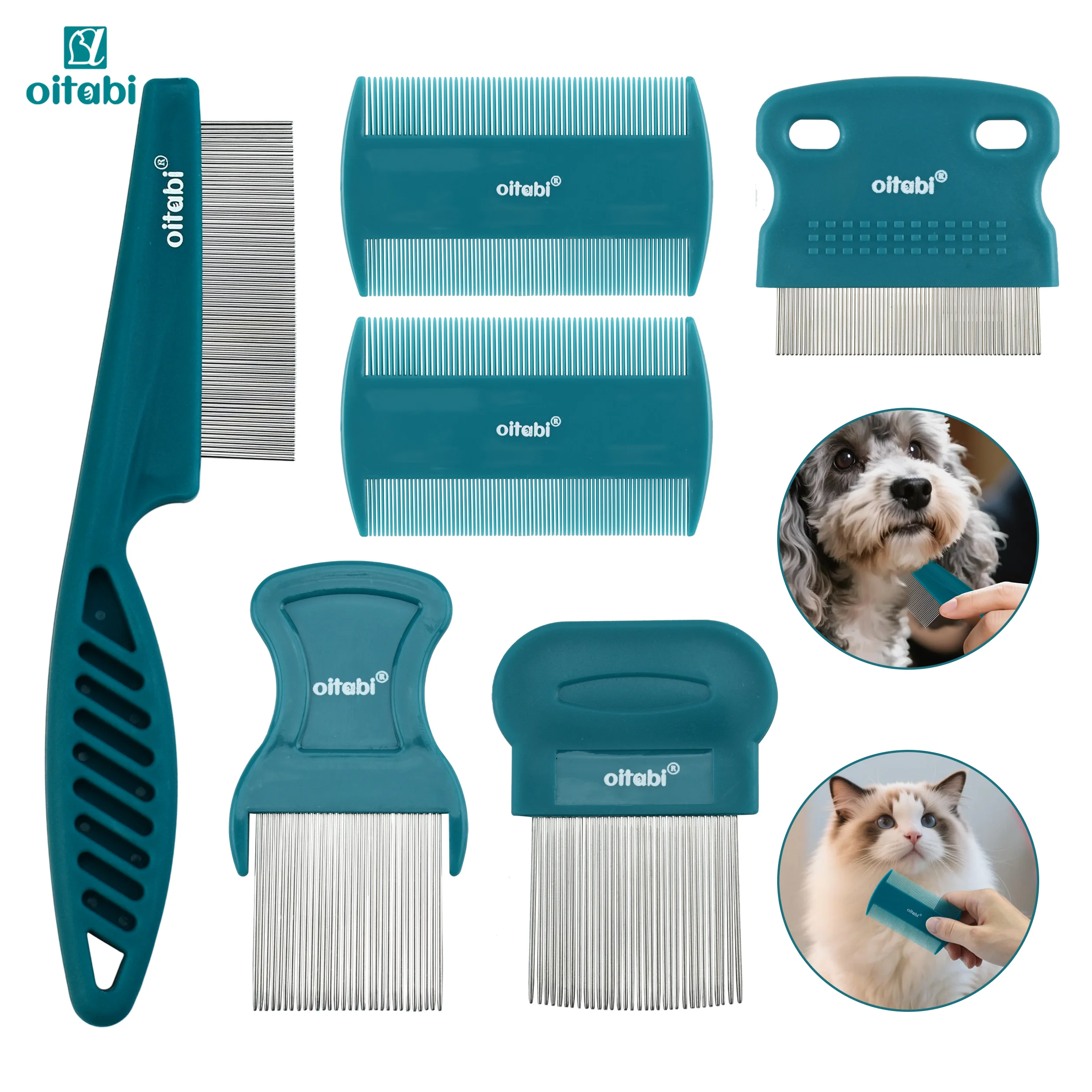 Oitabi 3/4/5/6Pcs Dog Grooming Comb Set, Pet Flea Lice Stainless Steel Cat Combs, 2-in-1 Double Sided Dogs Tear Stain Remover