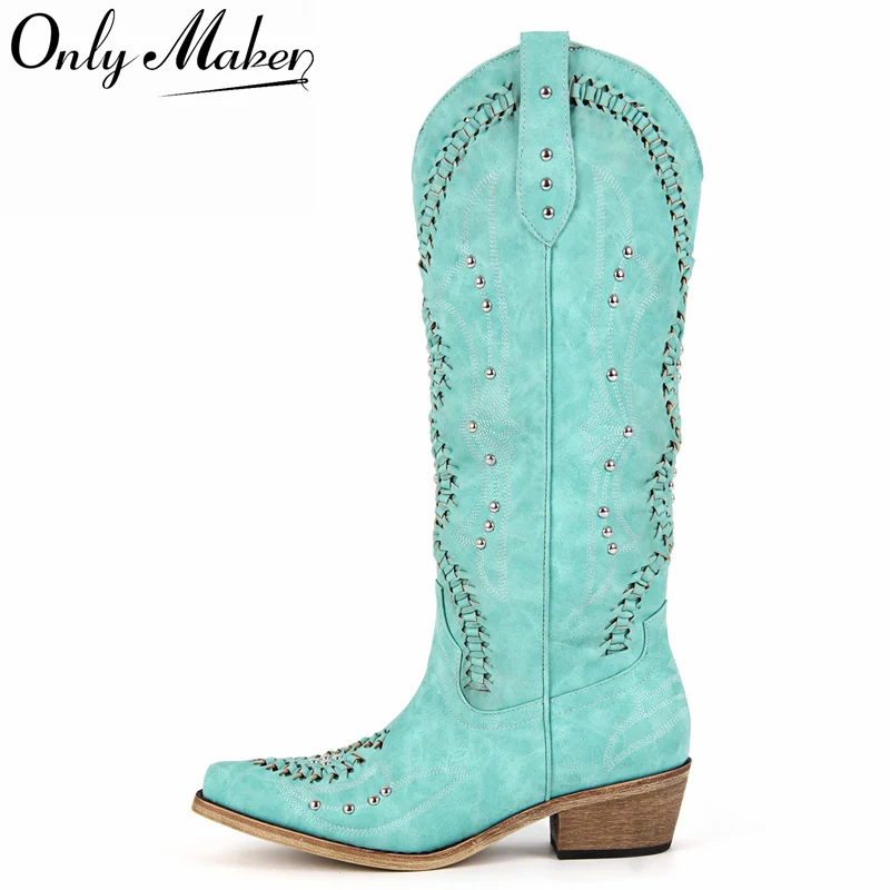 Onlymaker Women Blue Western Embroidery Cowgirl Boots Pointed Toe Side Zipper Knee High with Chunky Heel Boots