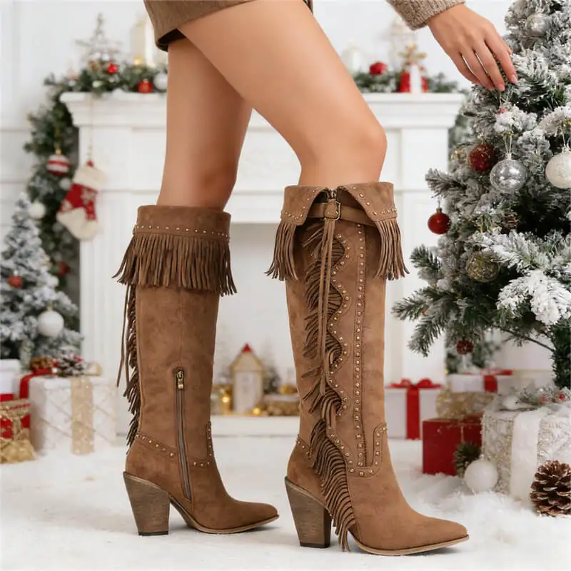 Onlymaker Women Pointed Toe Fringe Rivet Brown Faux Suede leather Knee High Boots Vintage Side Zipper Fringe boots