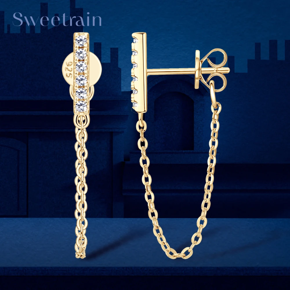 Original 925 Sterling Silver Long Chain Stud Earrings 1.4mm Full Moissanite Diamond Earring for Women Trending Jewelry Gift 2023