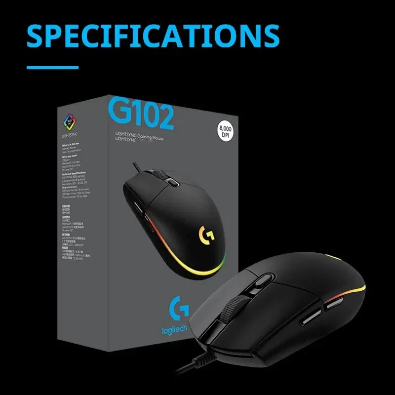 Original Logitech G102 Wired Gaming Mouse, USB 8000 DPI Color LED for PC / Mac / Laptop