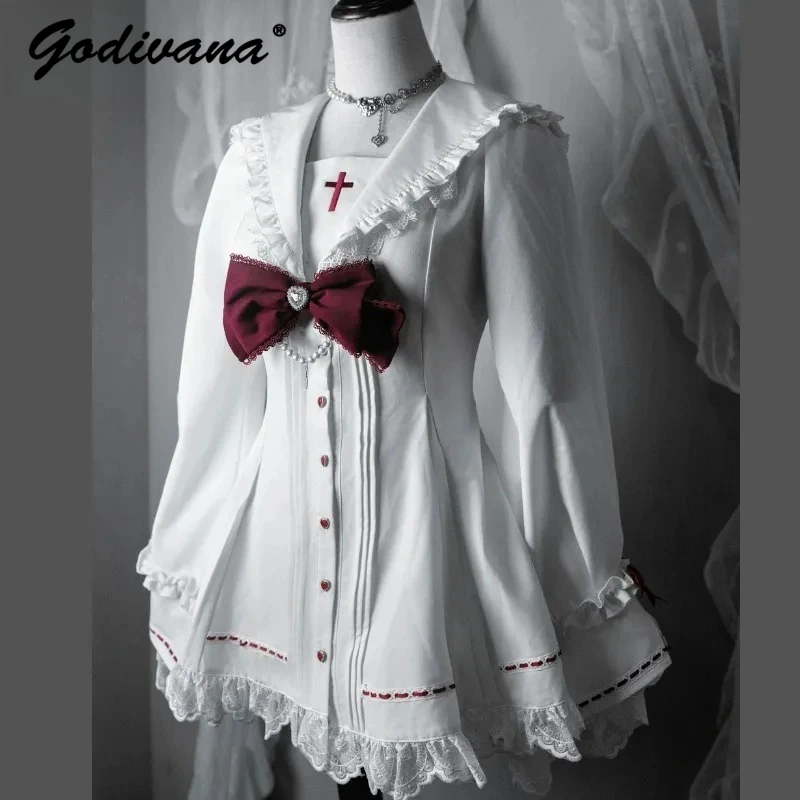 Original Mine Series Dress and Shorts 2 Piece Set New Autumn Women's Gothic Cross Sailor Collar Long Sleeve Slim Lolita Outfits