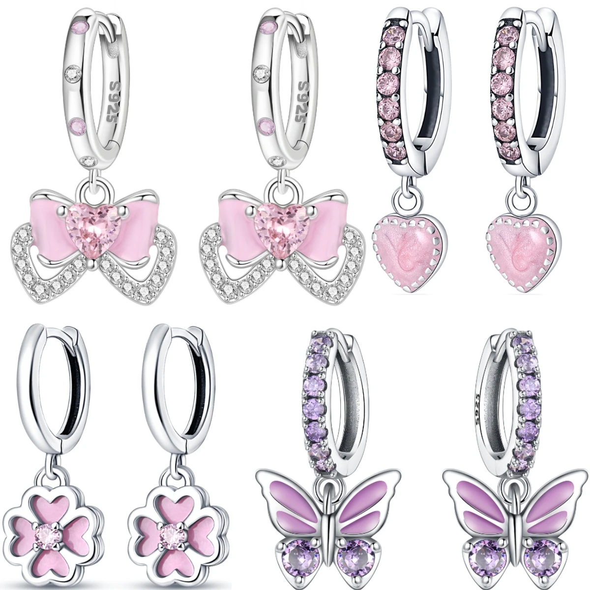 Orstarry 925 Sterling Silver Pink Sweet Bow Earrings Original Jewelry Drop Earrings Women Jewelry Party Trendy Anniversary Gift