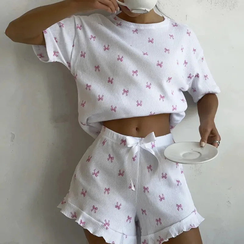 Outdoor Homewear Sets Women Pajama Sets Summer Casual Ladies Bow Printed Short Sleeve Lace Shorts Comfort Pajama Set
