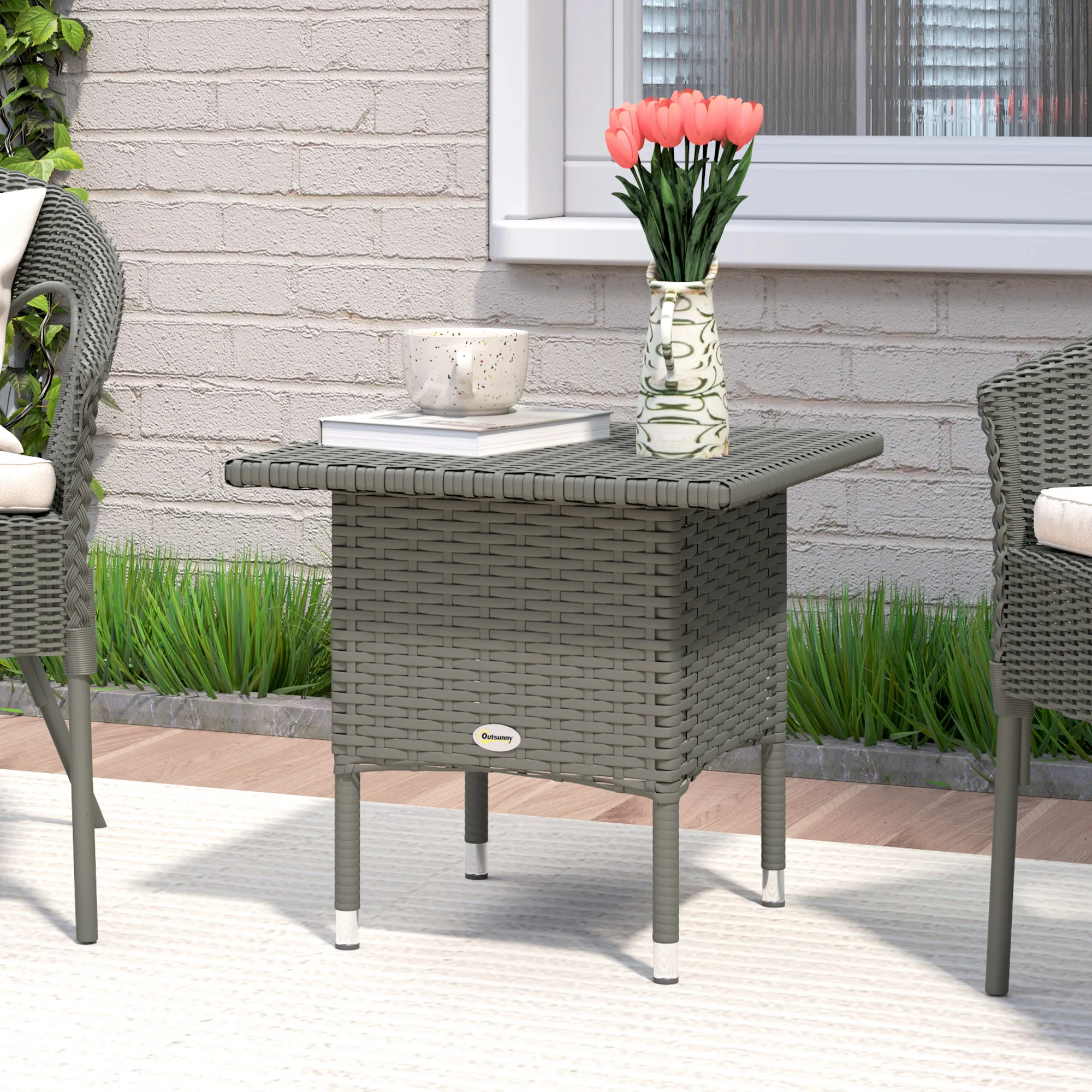 Outsunny Rattan Side Table, Outdoor Coffee Table with Plastic Board Under the Full Woven Table Top , Grey