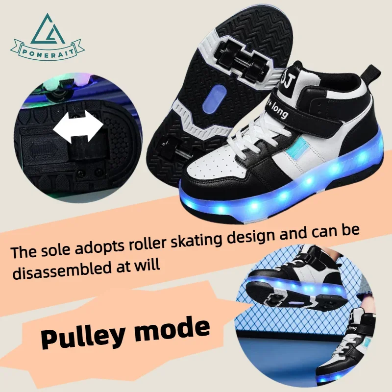PONERAIT Shoes with Wheels Kids Velcro Closure LED Light-Up Roller Skates High-Top Leather Quad Skate for Beginners & Gift Ready
