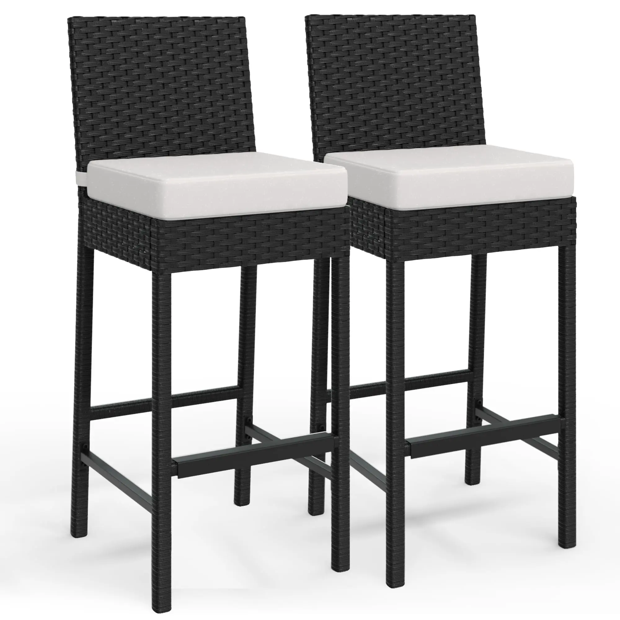 Patio Wicker Barstools with Cushions, Outdoor Wicker Bar Stools Set of 2, Outdoor Rattan Bar Height Stool Set Armless