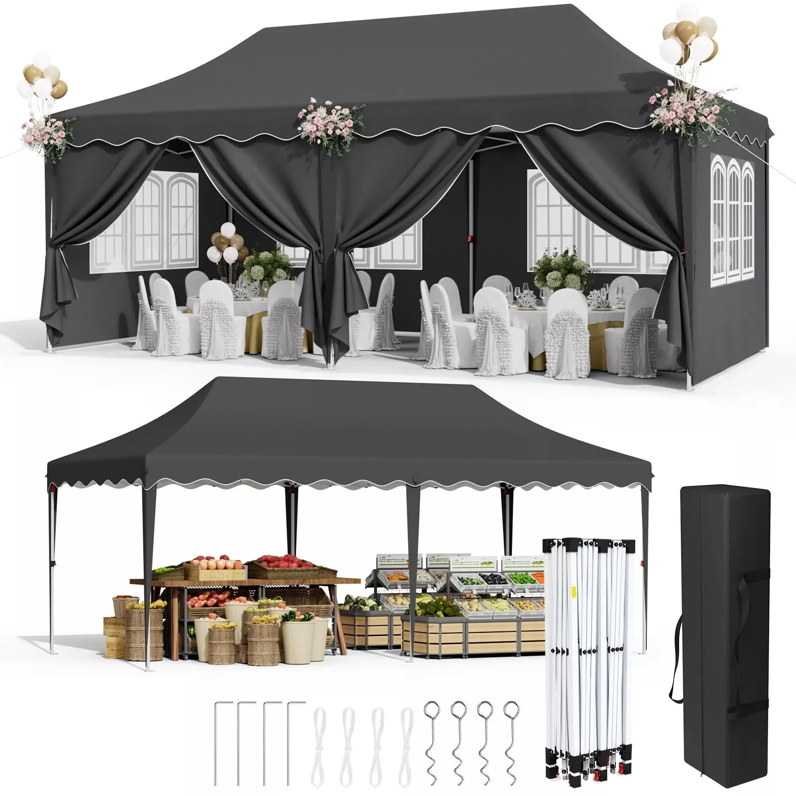 Pavilion Popup Gazebo 3x6m Waterproof Folding Gazebo Tent Party Tent with 6 Side Panels UV 50+ Height Adjustable 2-3M