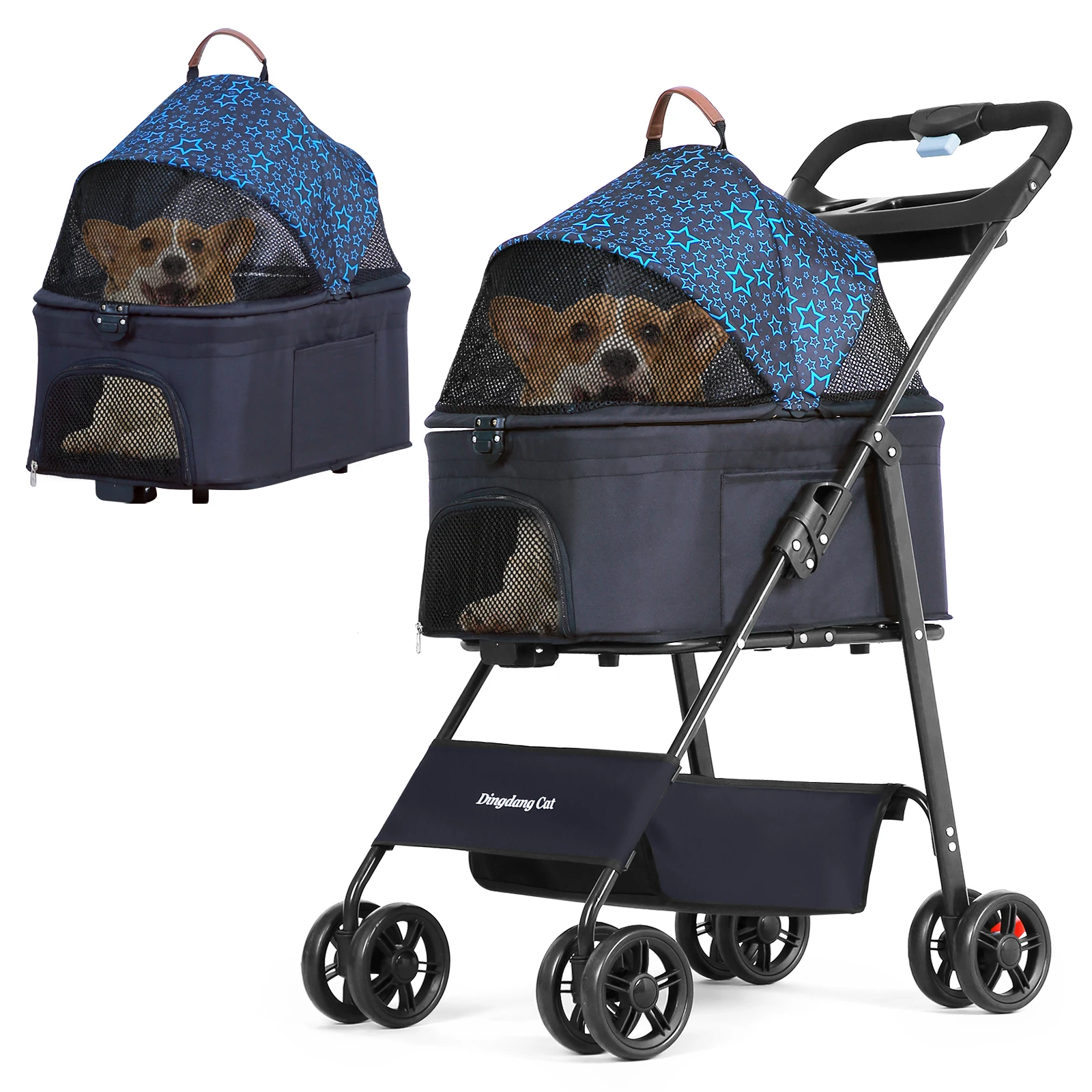Pet Stroller for Dogs and Cats，Portable Pet Pram, Lightweight Folding Design with Safety Harness and Mesh Ventilation,blue