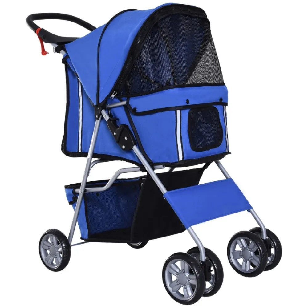 Pet Stroller for Small Miniature Dogs Cats Foldable Travel Carriage with Wheels Zipper Entry Cup Holder Storage Basket Blue