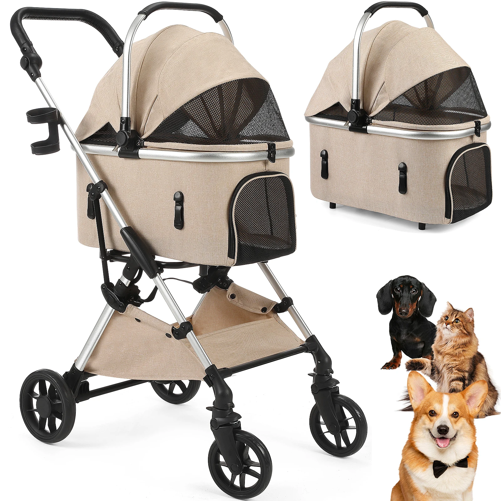 Pet Stroller with 4 Wheels Foldable Pet Travel Carrier for Small/Medium Dogs Cats up to 50lbs Detachble Portable Pet Storage Bag