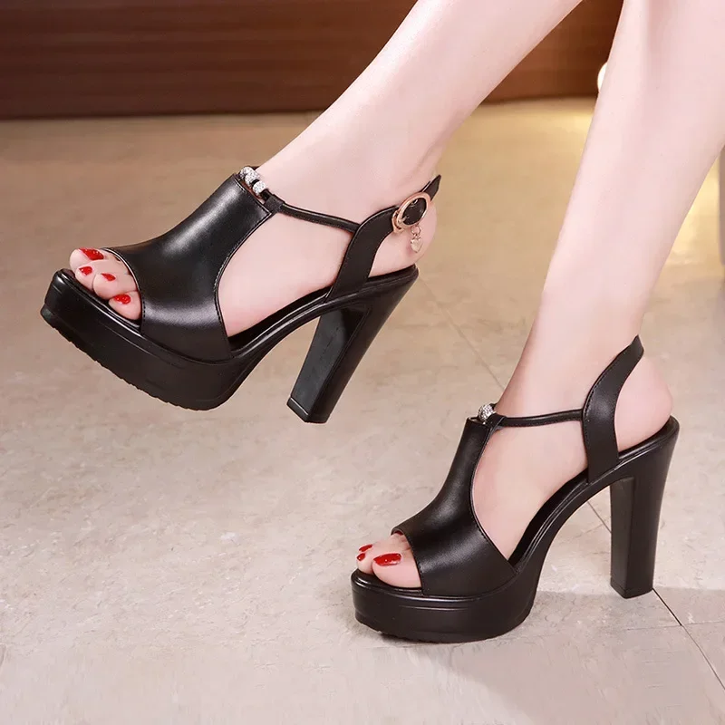 Plus Size 32-43 Block Heel Platform Sandals Women Wedding Shoes Summer 2025 T Strap High Heels Sandals Ladies OL Office Shoe