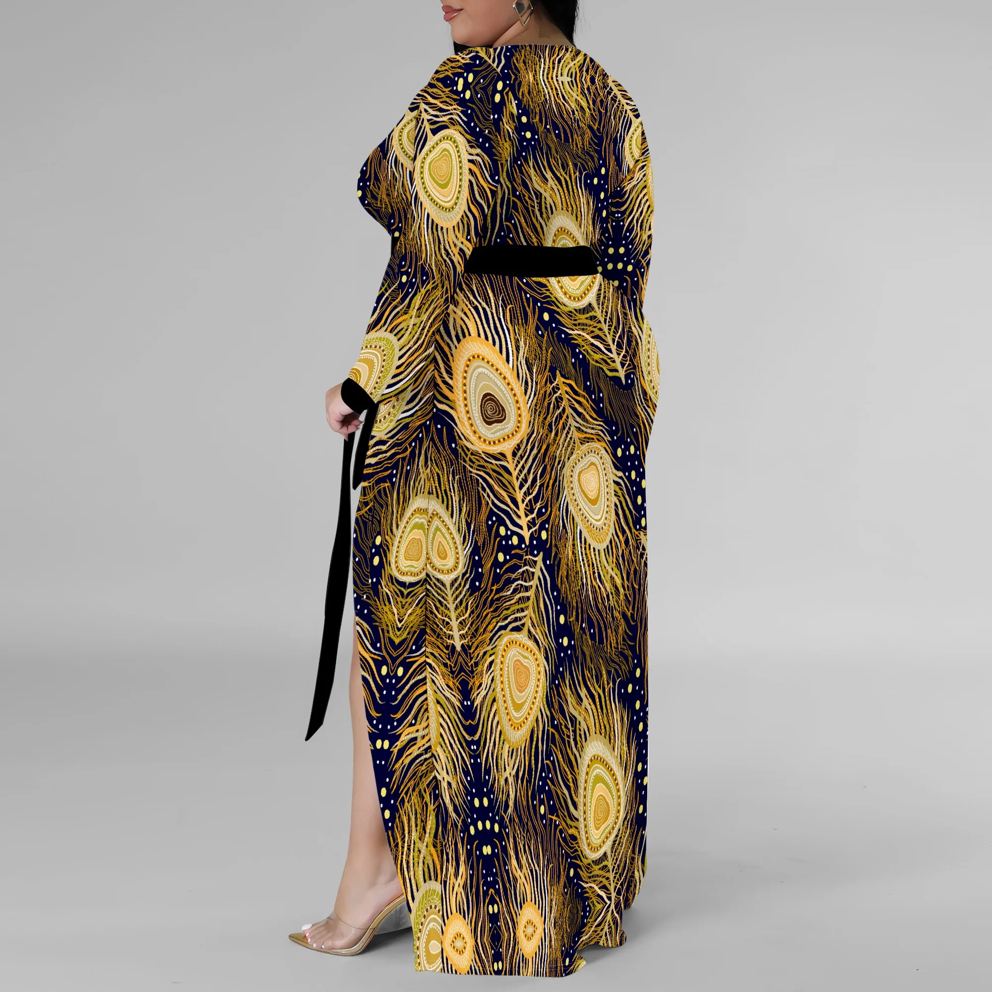 Plus Size Long Sleeve Peacock Feather Print Wrap Maxi Dress for Women, Elegant Party Dress with Side Slit for Special