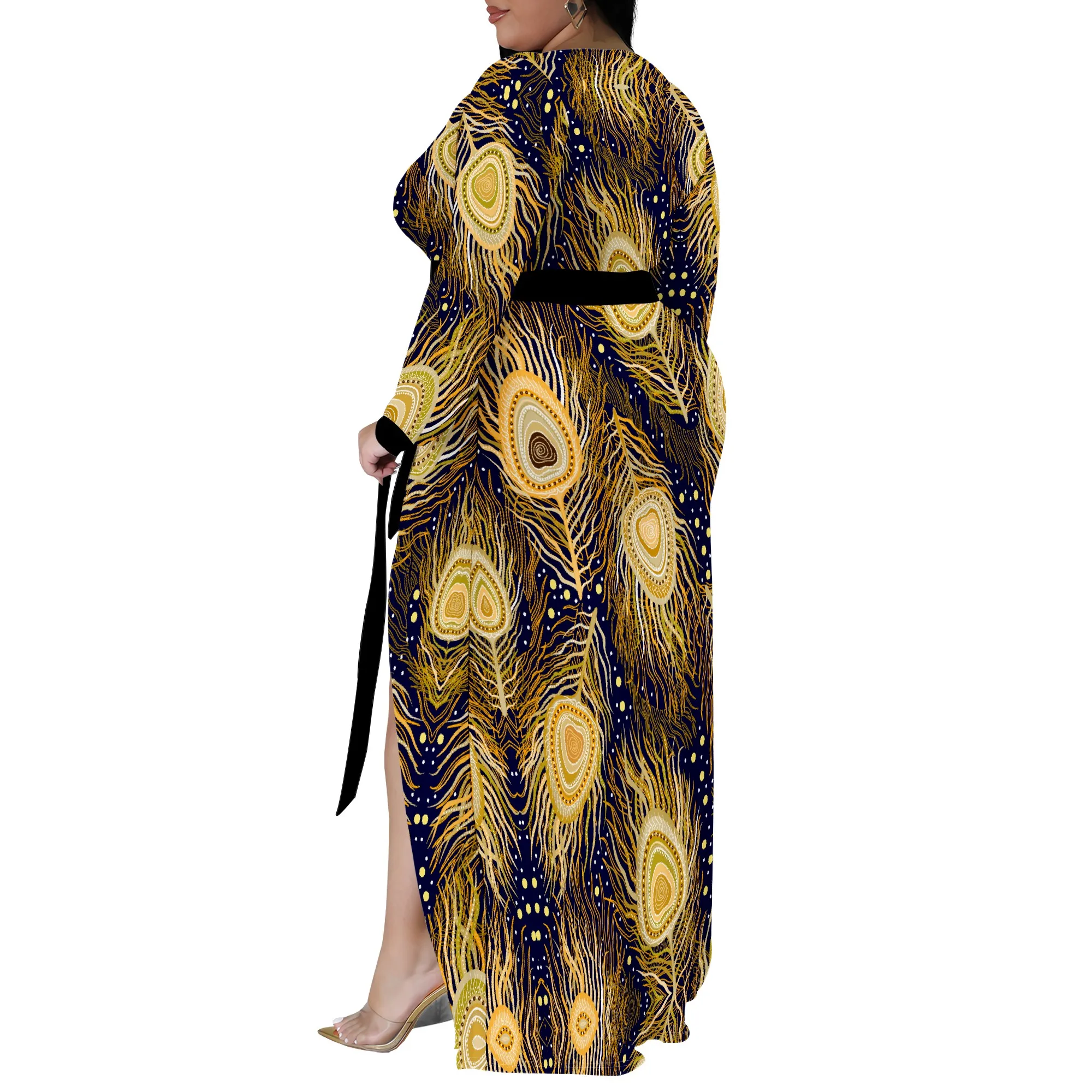 Plus Size Long Sleeve Peacock Feather Print Wrap Maxi Dress for Women, Elegant Party Dress with Side Slit for Special