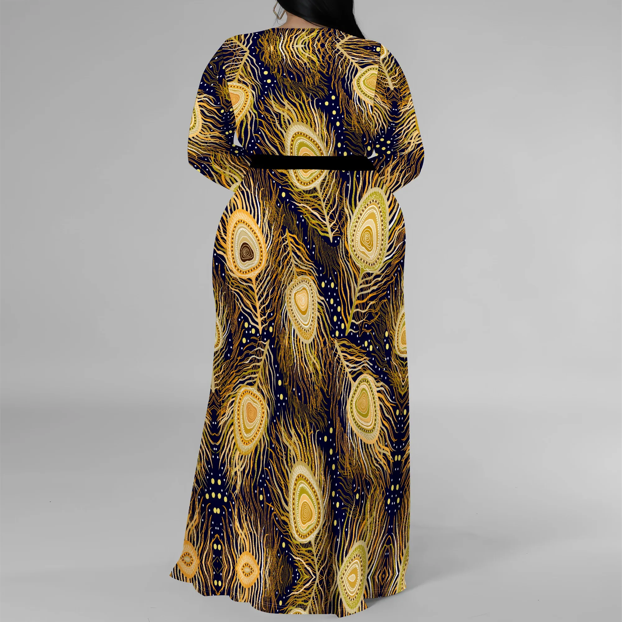 Plus Size Long Sleeve Peacock Feather Print Wrap Maxi Dress for Women, Elegant Party Dress with Side Slit for Special