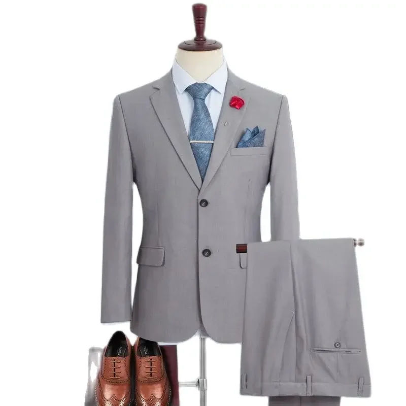 Plus Size Men‘s Suits Elegant Single Breasted Business Jacket Pants For Host Groom Groomsmen Grey Black Navy 2-Piece Suit Set