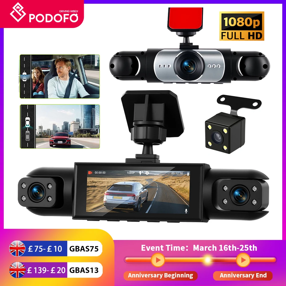 Podofo 3.16 Inch Car Dash Cam 1080P & 3*480P Car Recording Camera Car DVR For Car Revesing Front Left Right Rear View Camera