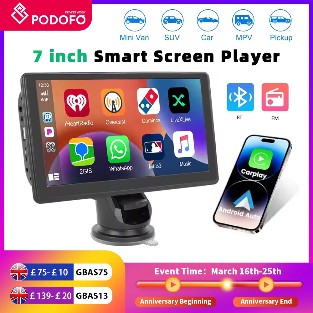 Podofo 7'' Screen Carplay MP5 Portable Smart Player Supports Android Auto With Apple Aiplay BT Music