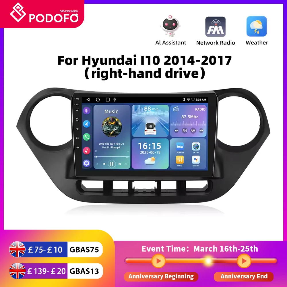 Podofo Android Car Multimidia Player For Hyundai I10 2014-2017 Auto Radio GPS Navigation Carplay Touch Screen NO 2DIN DVD