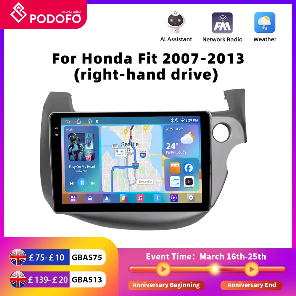 Podofo For Honda Fit 2007-2013 4GB+64GB Car Radio Wireless Carplay Android Auto Multimedia Video Player Mirror Link 10 Inch GPS